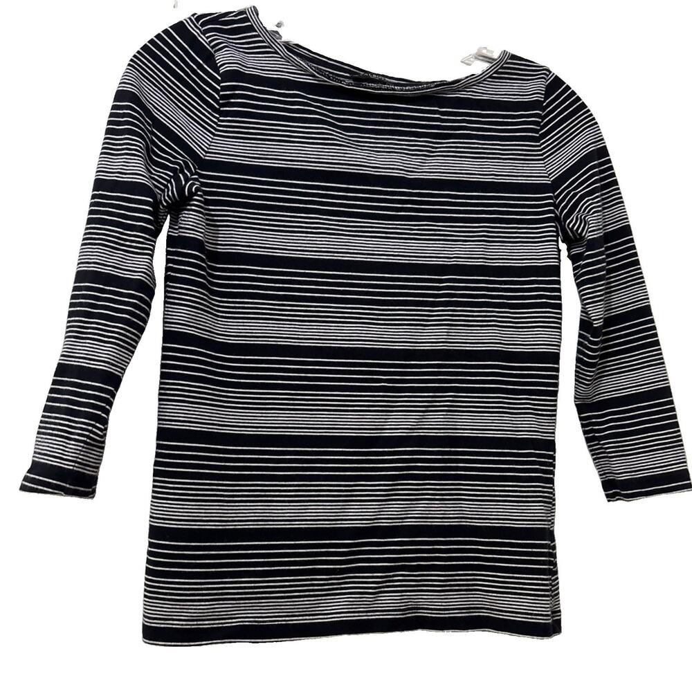 Talbots Petites Tee Black White Striped 3/4 Sleeve Top Size P/XS/2P Casual